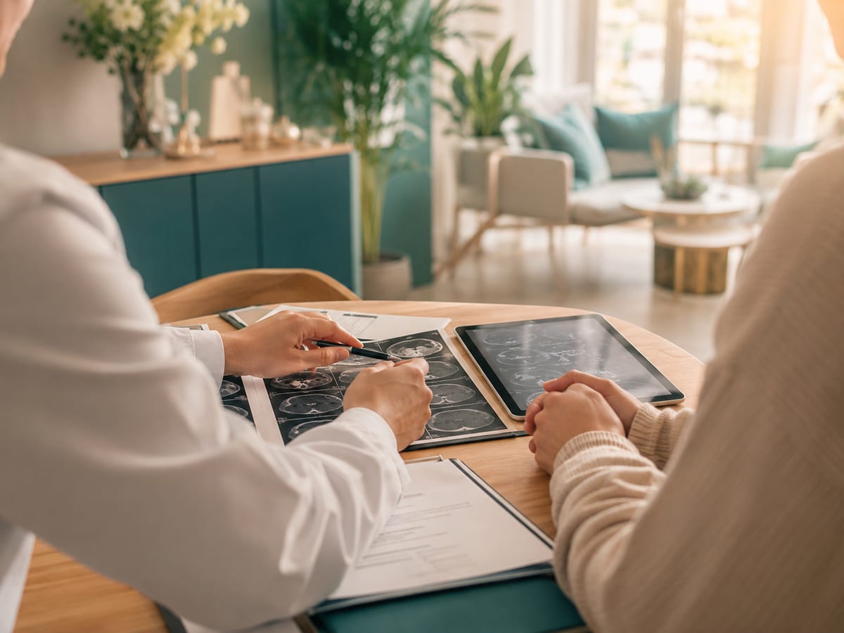 Doctor and patient reviewing scan results together at a consultation table